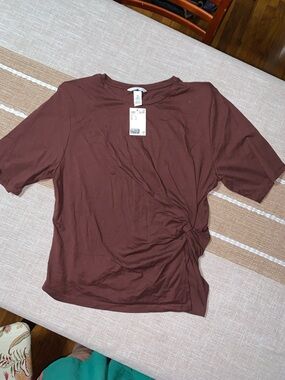 H&M Brown Short Sleeve Twist-Front Blouse